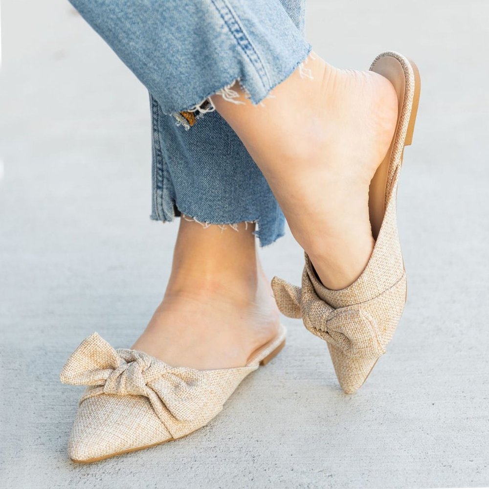 NEW🔥 Linen Weave Bow-Tie Flat Mule Sandal Loafers - Picture 2 of 6